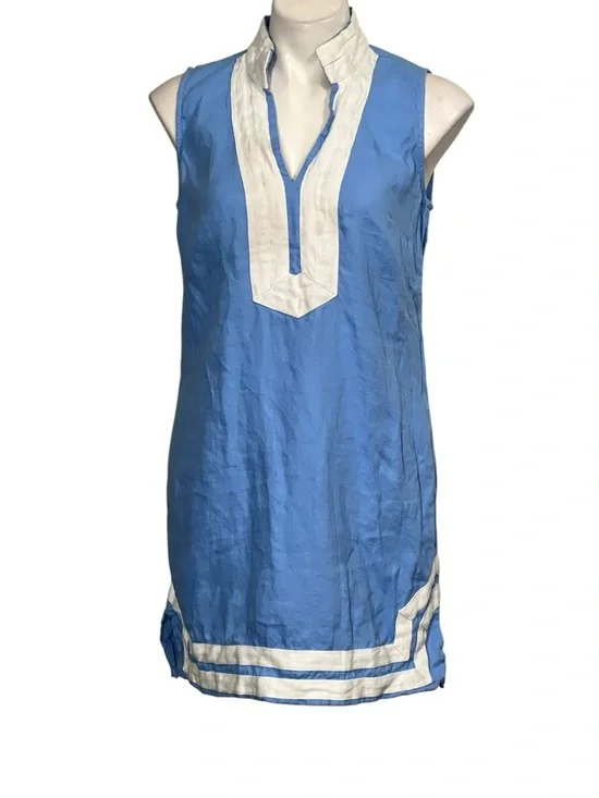 STS Sail to Sable dress sz M Blue linen Sleeveless Shift White Trim casual - Picture 2 of 6